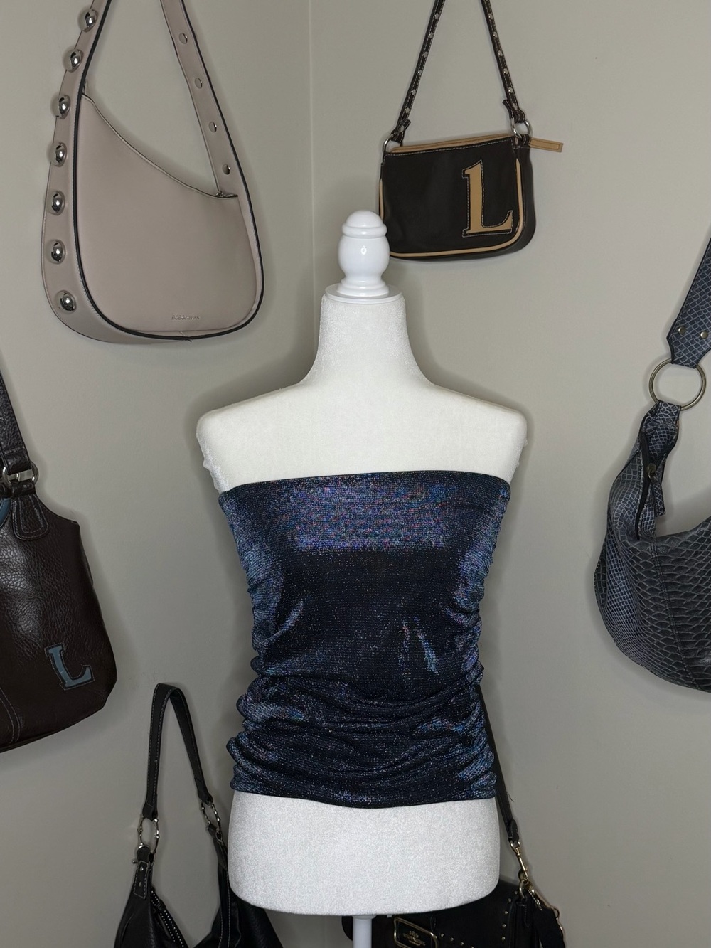 Aqua Shimmery Blue/Navy Strapless Tube Top - Size S